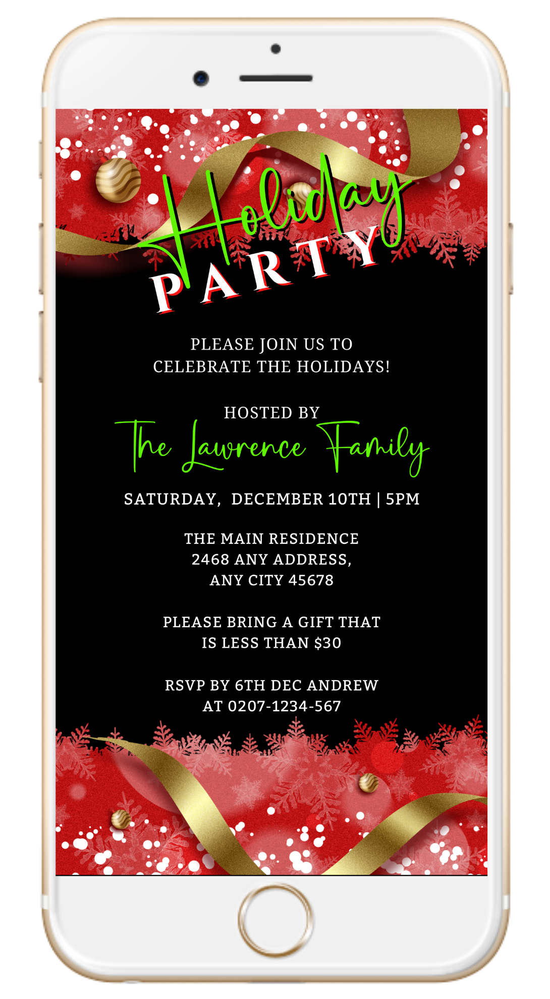 Smartphone displaying a customizable Red Black Gold Ornament Holiday Party Evite template, designed for easy editing and electronic sharing via Canva.