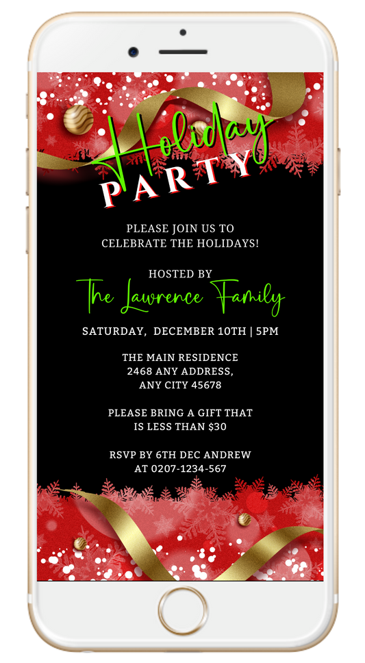 Smartphone displaying a customizable Red Black Gold Ornament Holiday Party Evite template, designed for easy editing and electronic sharing via Canva.