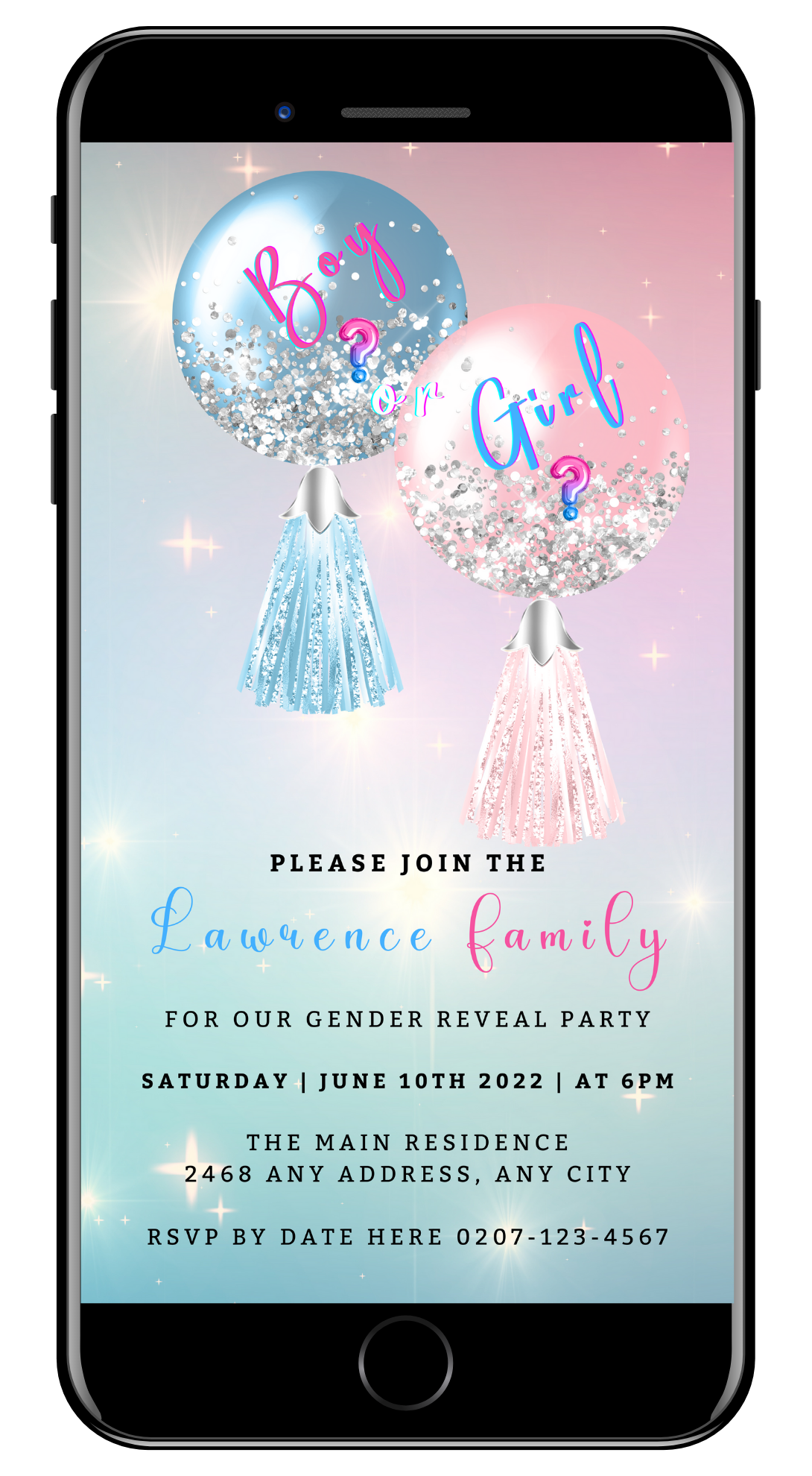 Cell phone screen displaying customizable Gender Reveal Evite with blue and pink balloons, tassels, and confetti, designed for easy personalization via Canva.