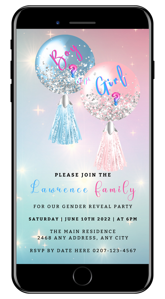 Cell phone screen displaying customizable Gender Reveal Evite with blue and pink balloons, tassels, and confetti, designed for easy personalization via Canva.