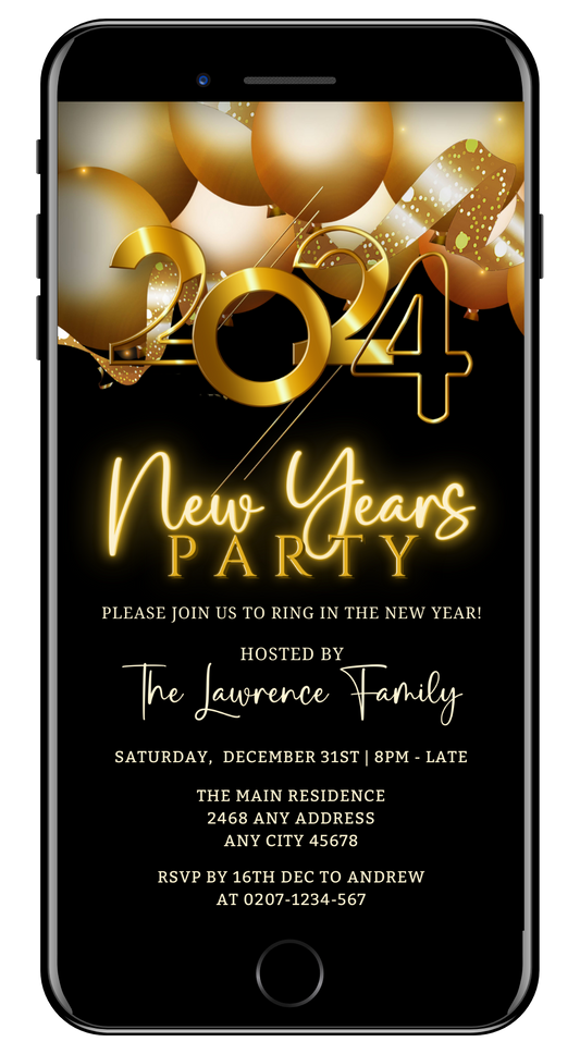 Neon Black Golden Balloons | New Years Eve 2024 Party Evite