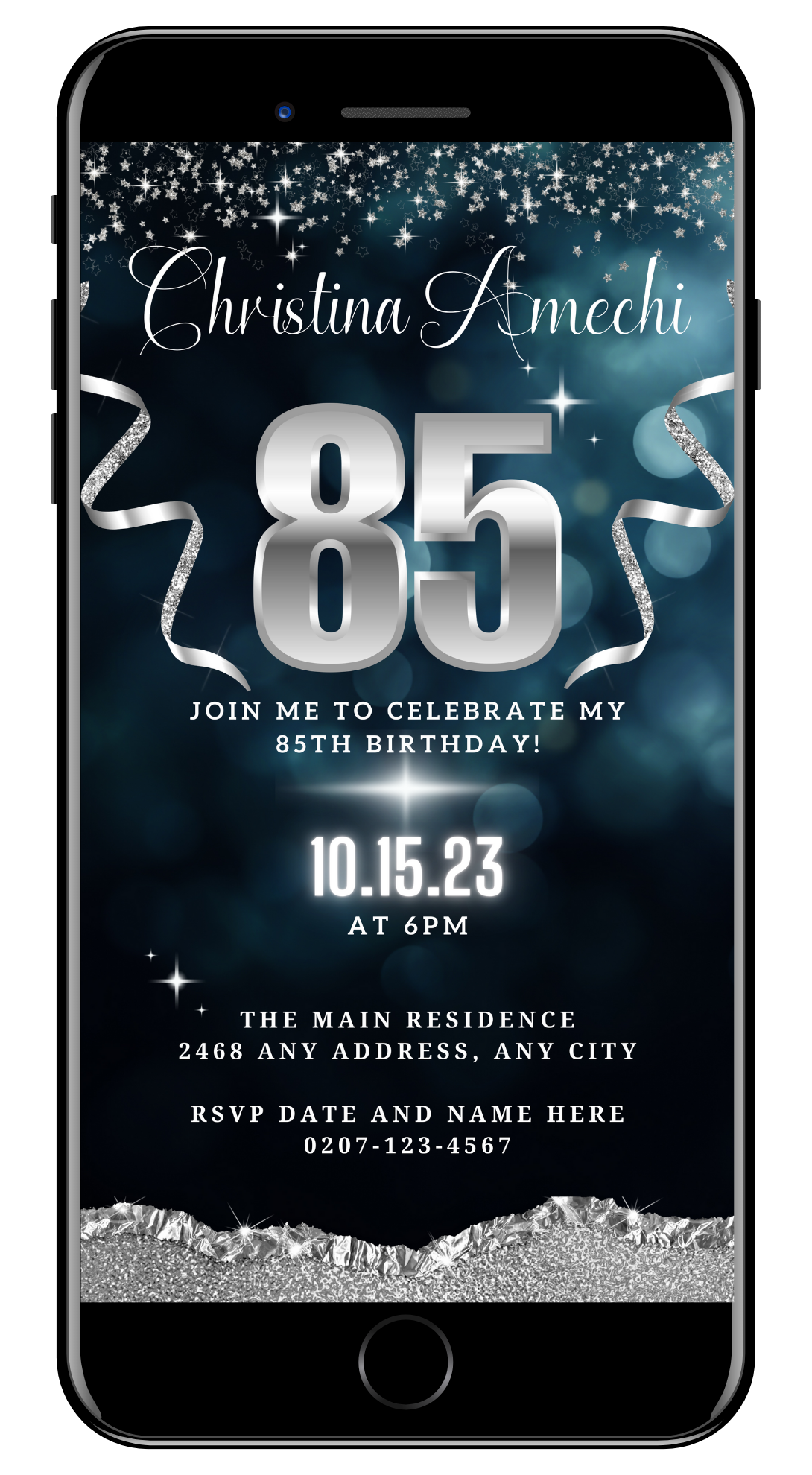 Screenshot of a Digital Navy Blue Silver Glitter | 85th Birthday Evite customizable template for smartphones, featuring editable text and design elements.