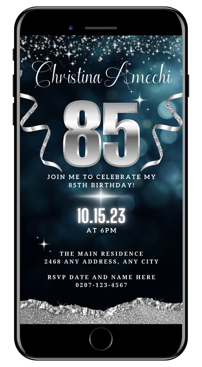 Screenshot of a Digital Navy Blue Silver Glitter | 85th Birthday Evite customizable template for smartphones, featuring editable text and design elements.