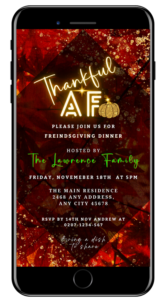 Rustic Red Gold Leafy Thankful AF Thanksgiving Evite template displayed on a lit-up cell phone screen.