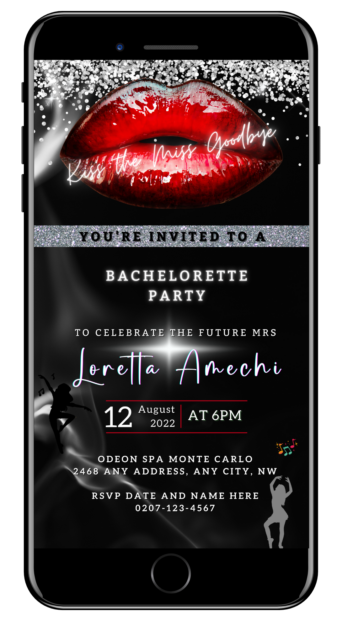 Customizable Red Hot Lips Bachelorette Party Evite displayed on a smartphone screen, featuring red lips and editable text for personal event details.