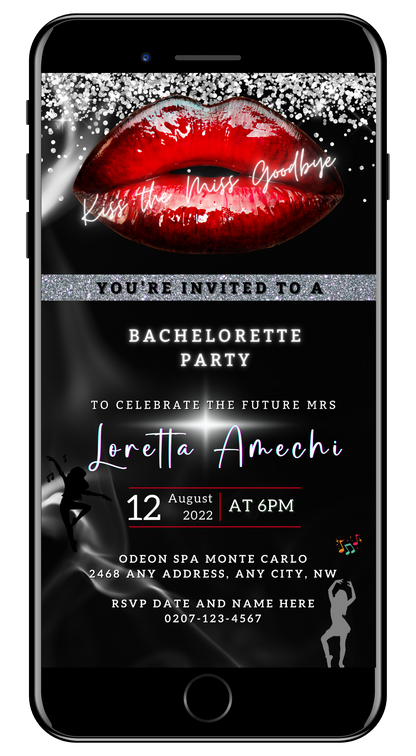 Customizable Red Hot Lips Bachelorette Party Evite displayed on a smartphone screen, featuring red lips and editable text for personal event details.