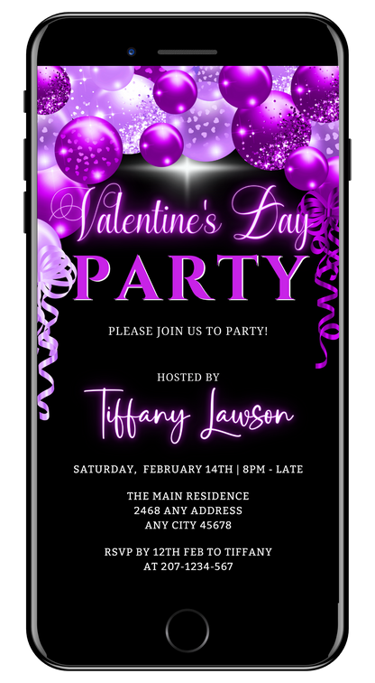 Editable digital neon purple balloons Valentine's party evite, featuring customizable text and designs, perfect for smartphone use via Canva. Ideal for electronic sharing through messaging apps.