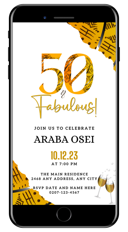 African Ankara Yellow White | 50 & Fabulous Birthday Evite displayed on a smartphone screen with a customizable invitation template.