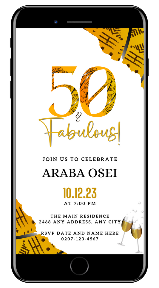 African Ankara Yellow White | 50 & Fabulous Birthday Evite displayed on a smartphone screen with a customizable invitation template.