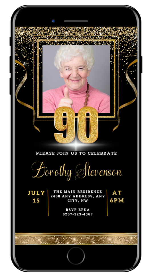 Customizable Black Gold Confetti 90th Birthday Evite featuring a smiling woman giving a thumbs up, with editable text and photo elements.