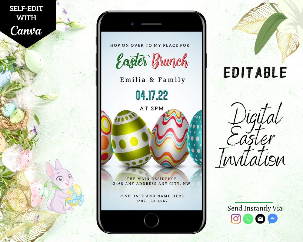 Editable Digital Colourful Easter Eggs | Easter Brunch Party Evite displayed on a smartphone screen, featuring a bunny with eggs.