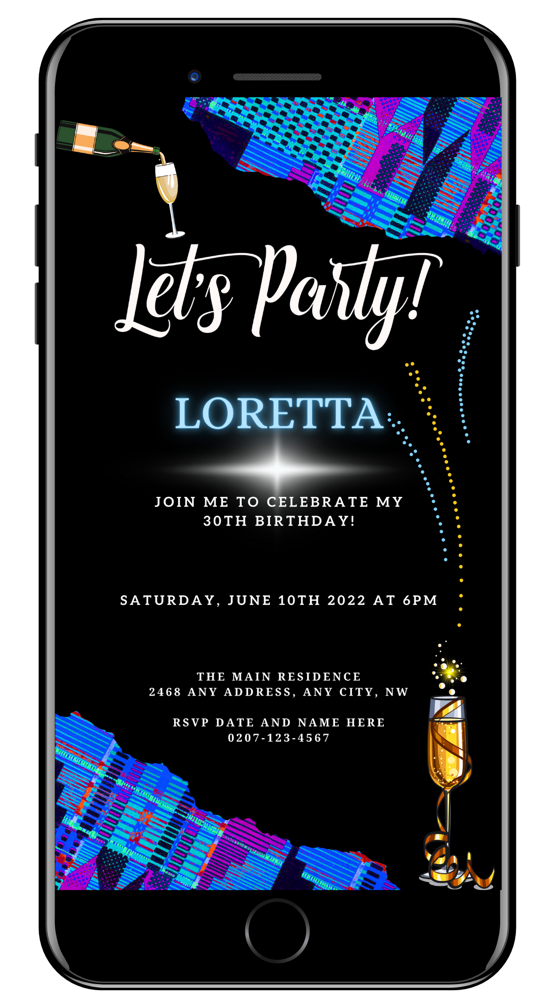 Editable Birthday Party Evite with a Blue Purple African Kente design featuring a champagne bottle and fireworks, customizable via the Canva design app for smartphones.