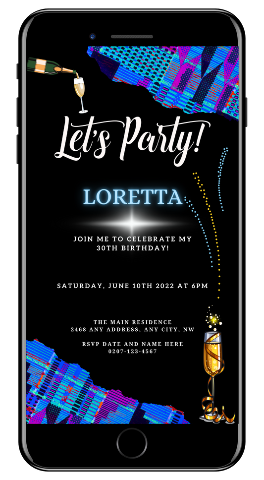 Editable Birthday Party Evite with a Blue Purple African Kente design featuring a champagne bottle and fireworks, customizable via the Canva design app for smartphones.