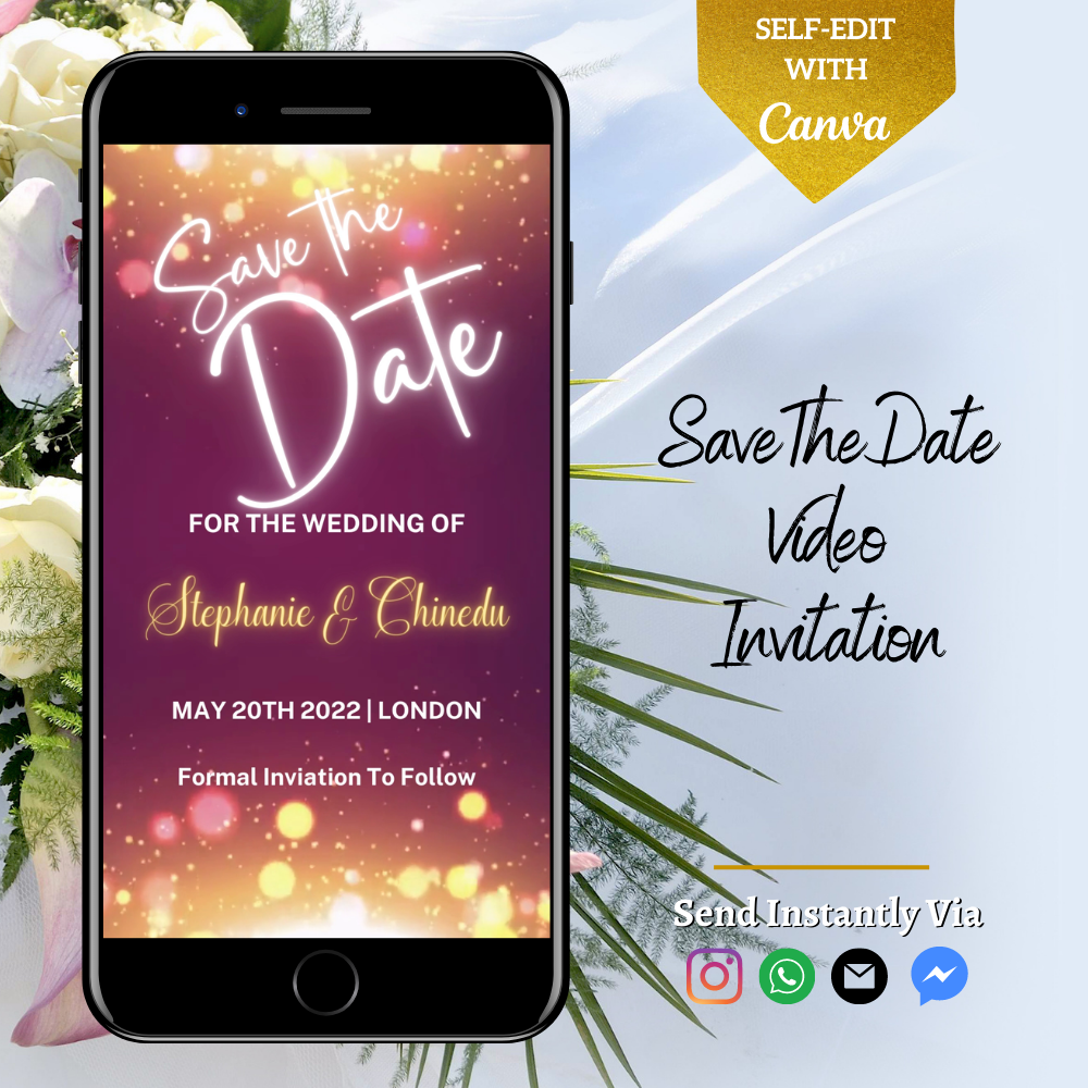 Customizable Maroon Gold Sparkle Save The Date Video Invitation displayed on a smartphone screen with floral accents.