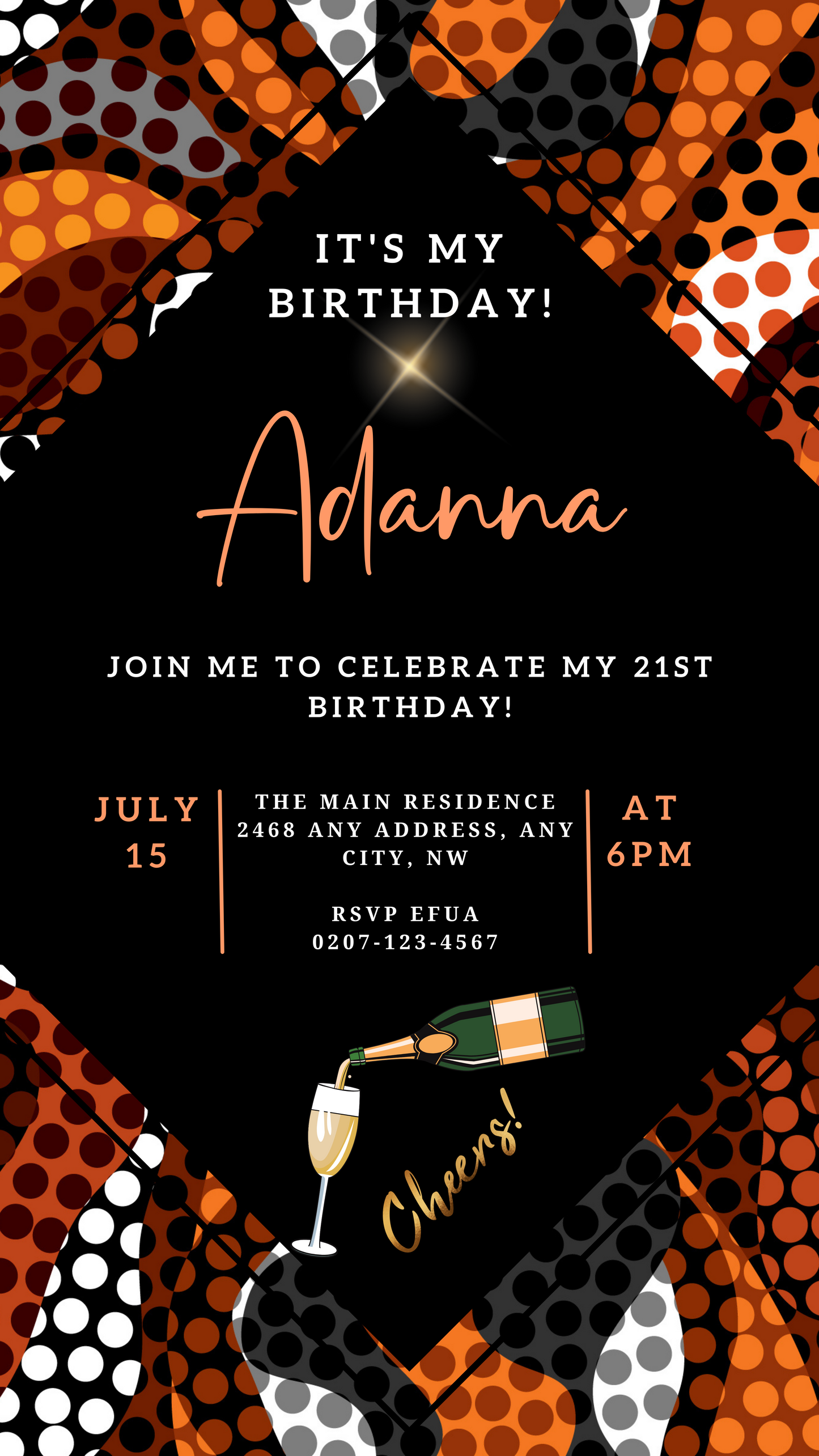 Editable Orange Black African Ankara Party Evite featuring a champagne bottle and glass, customizable with Canva for digital sharing via smartphone.