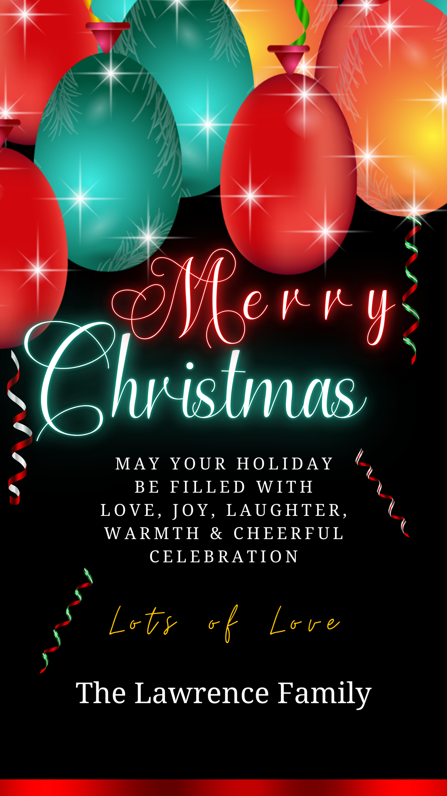 Neon Red Teal Balloons Sparkle Merry Christmas Ecard featuring festive balloons, ribbons, and editable text for personalizing and sharing digitally via smartphone.