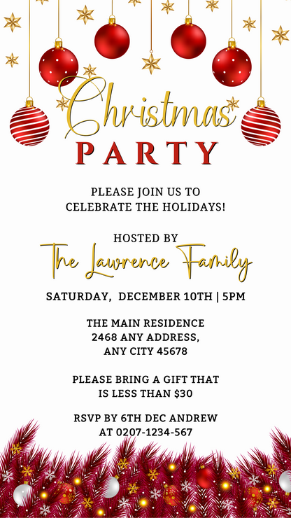 Christmas Party Evite with red and gold text, featuring red and white striped ornaments, editable via Canva for customization and digital sharing.