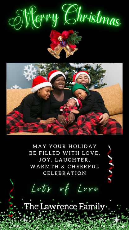 Family sitting on a couch with a baby, featuring an editable digital Black Neon Green Merry Christmas Greeting Ecard template for personalizing and sharing via smartphone.