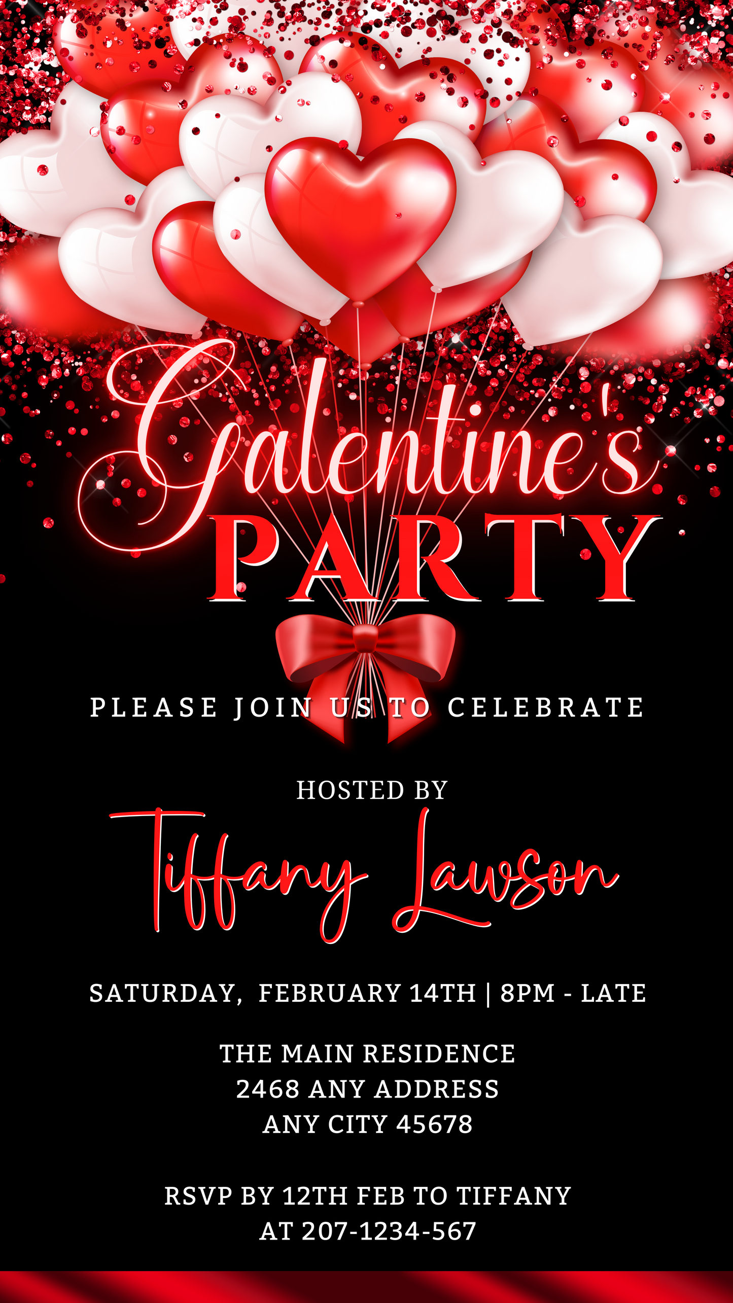Neon Red White Hearty Balloons | Galentines Party Evite featuring red and white balloons with a bow and confetti, customizable via Canva for digital invitations.