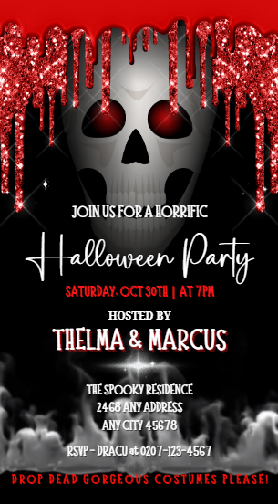 Dripping Smoking Red Eyed Skull Halloween Party Video Invite featuring a blood-dripping skull with red eyes and customizable black and white text.