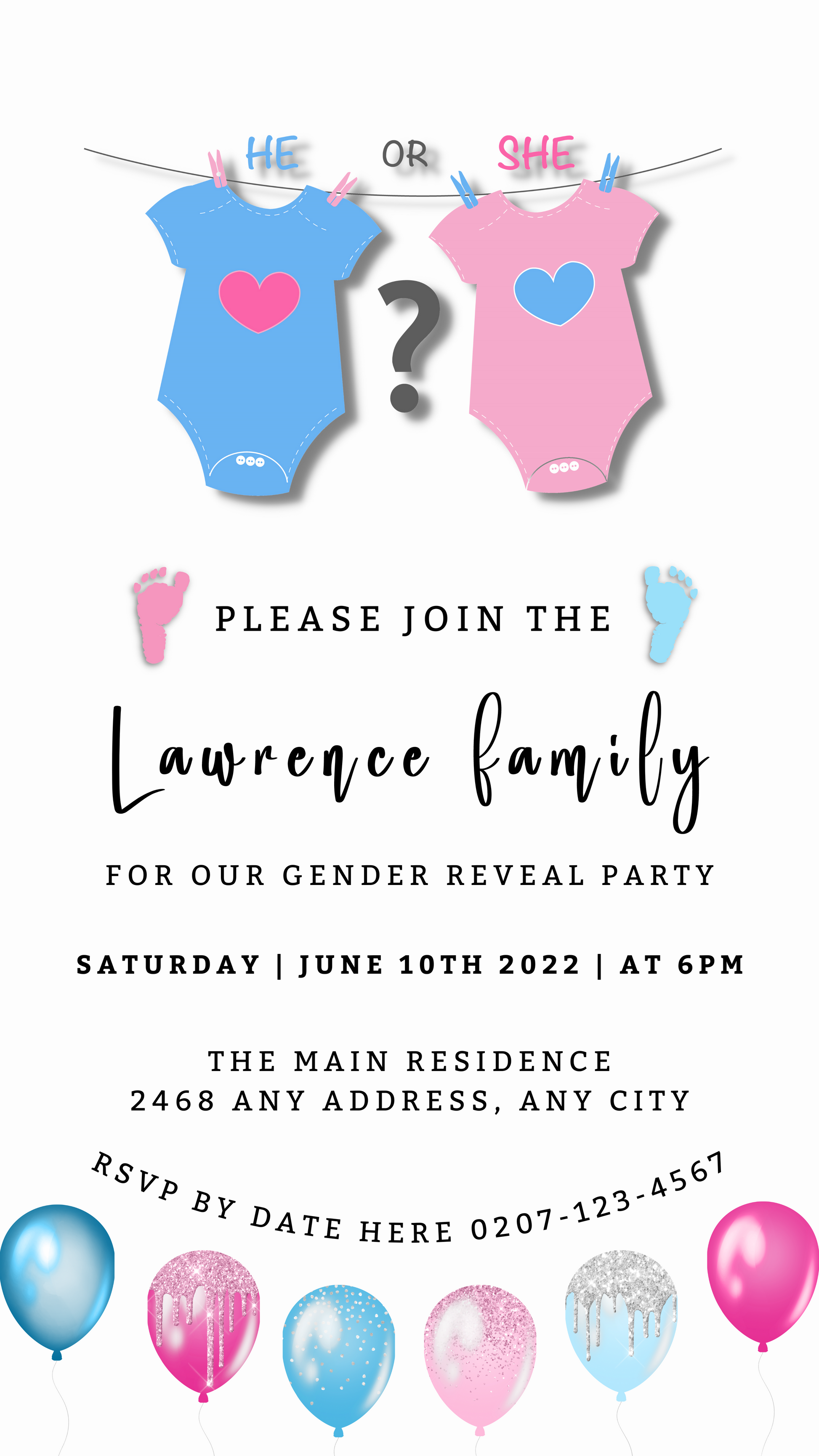 Customizable digital gender reveal invitation featuring blue and pink baby bodysuits with hearts, available for download and editing via Canva.