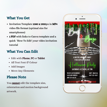 Creepy Skeleton Hands Champagne Halloween Party Video Invite displayed on a cellphone screen, showcasing editable text and spooky elements for a digital invitation.