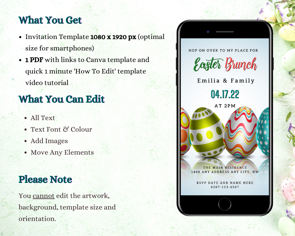 Cell phone displaying a customizable Colourful Easter Eggs | Easter Brunch Party Evite template for digital invitations.