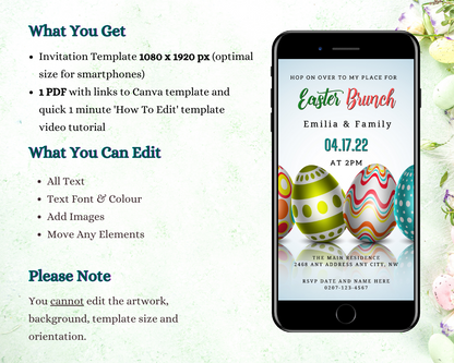 Cell phone displaying a customizable Colourful Easter Eggs | Easter Brunch Party Evite template for digital invitations.