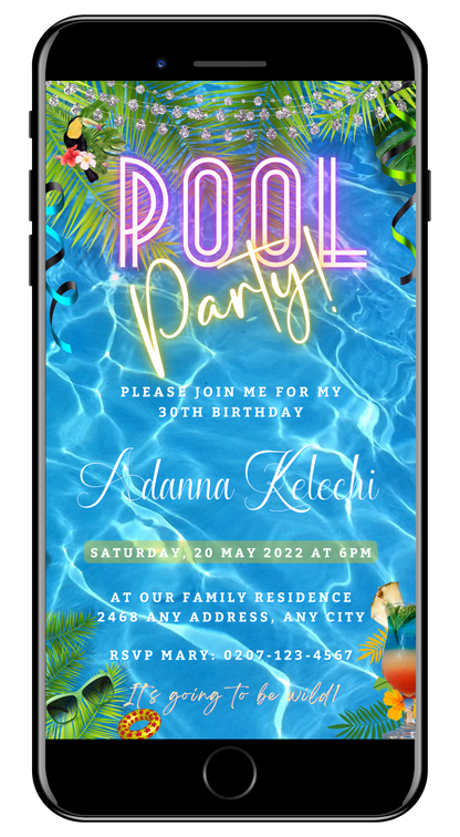 Birthday Pool Party | Digital Invite on a smartphone screen, customizable via Canva for easy sharing through text, email, or social media platforms.