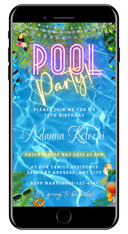 Birthday Pool Party | Digital Invite on a smartphone screen, customizable via Canva for easy sharing through text, email, or social media platforms.