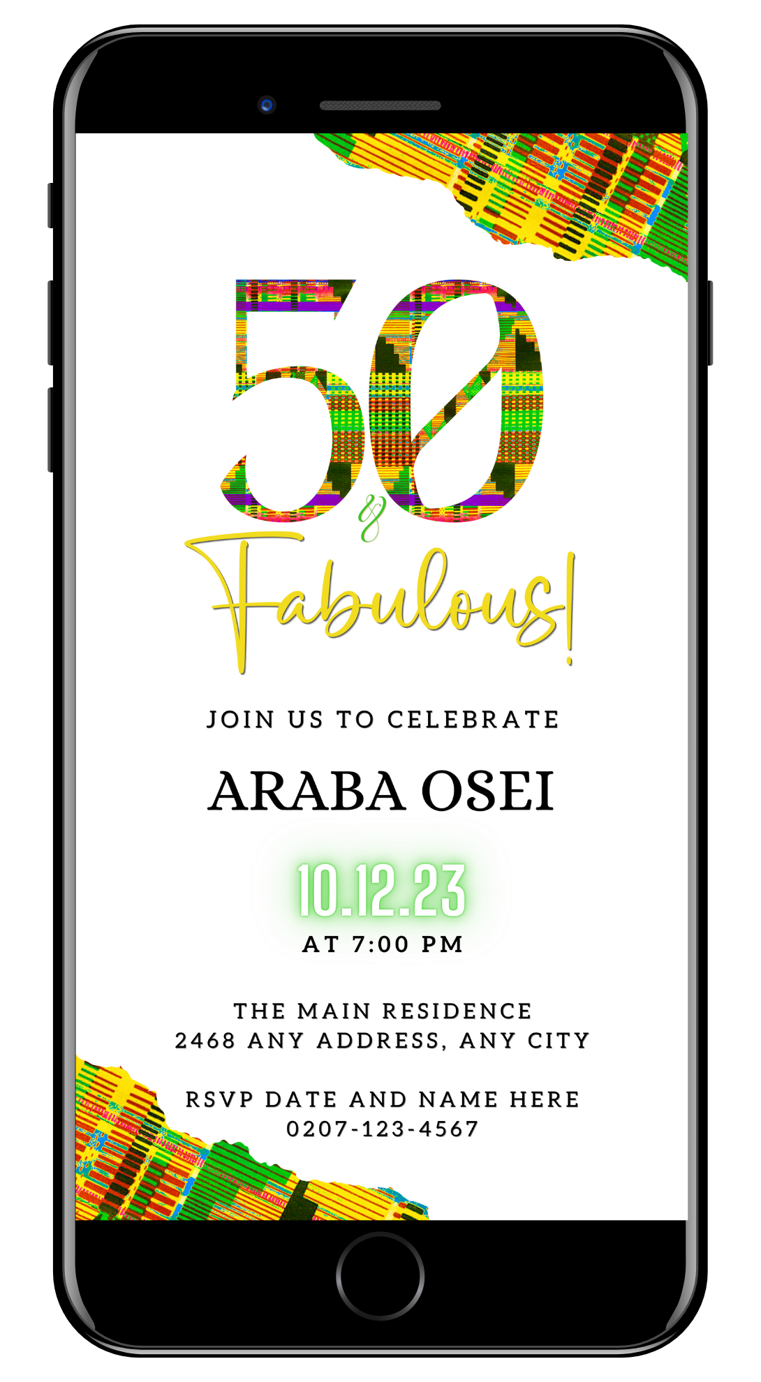 Customizable Digital Green Yellow Kente White | 50 & Fabulous Birthday Evite shown on a smartphone screen, featuring vibrant text and patterns.