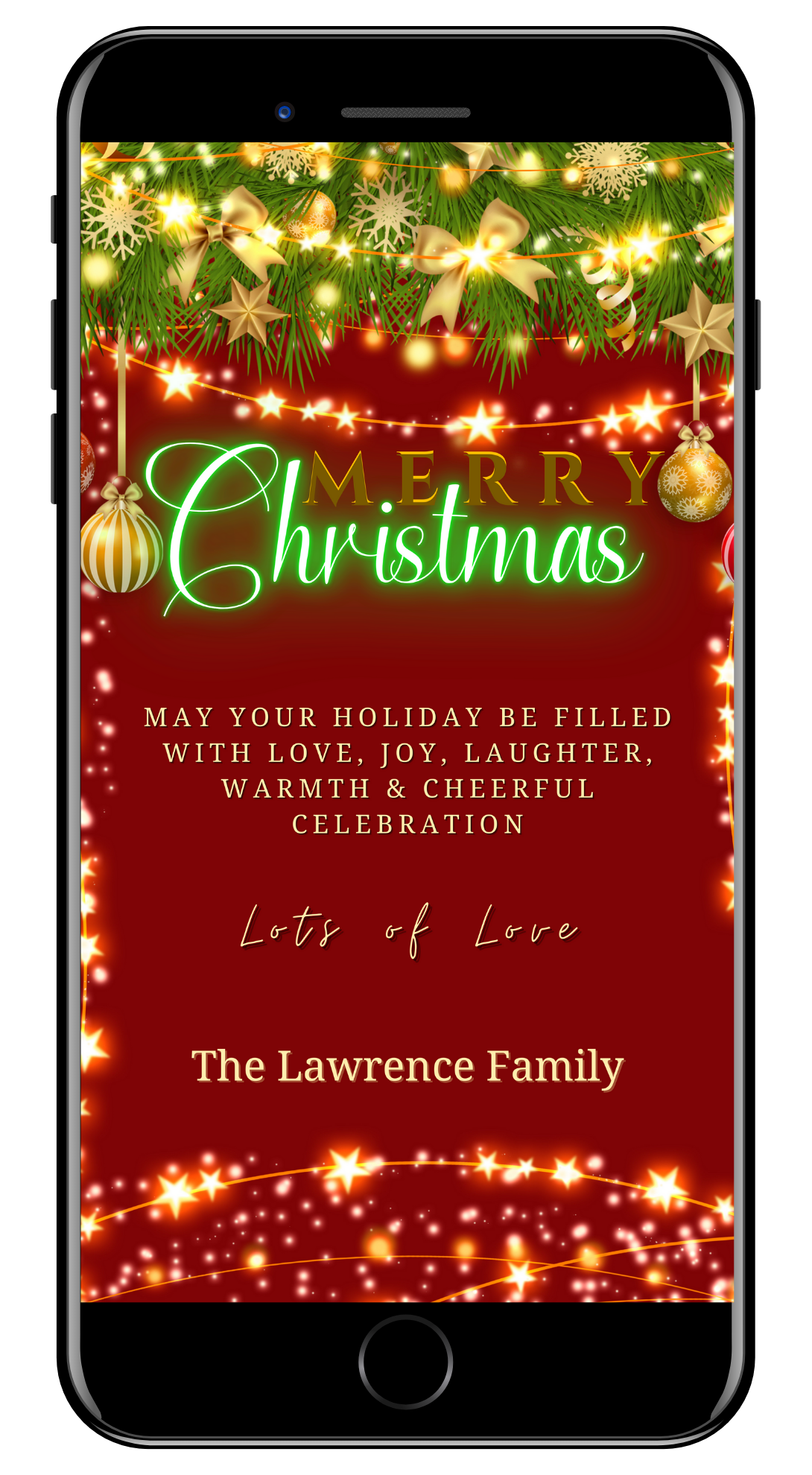 Editable Digital Christmas Lights Green Neon | Merry Christmas Ecard displayed on a smartphone screen with holiday ornaments and lights in the background.