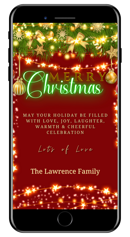 Editable Digital Christmas Lights Green Neon | Merry Christmas Ecard displayed on a smartphone screen with holiday ornaments and lights in the background.