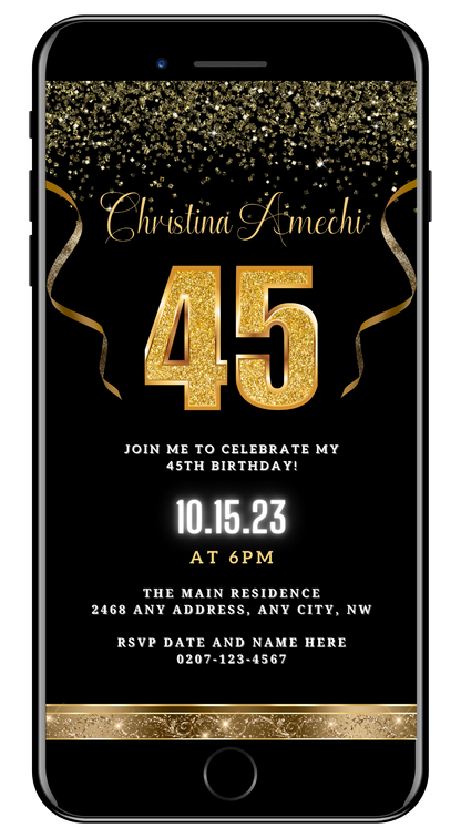 Customizable Black Gold Confetti 45th Birthday Evite displayed on a smartphone screen, featuring elegant gold text and confetti over a black background.