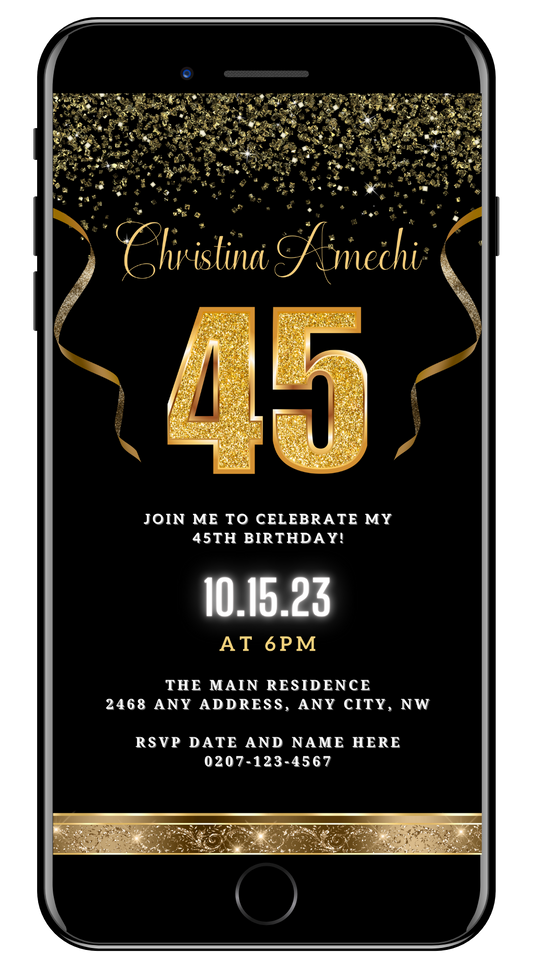 Customizable Black Gold Confetti 45th Birthday Evite displayed on a smartphone screen, featuring elegant gold text and confetti over a black background.