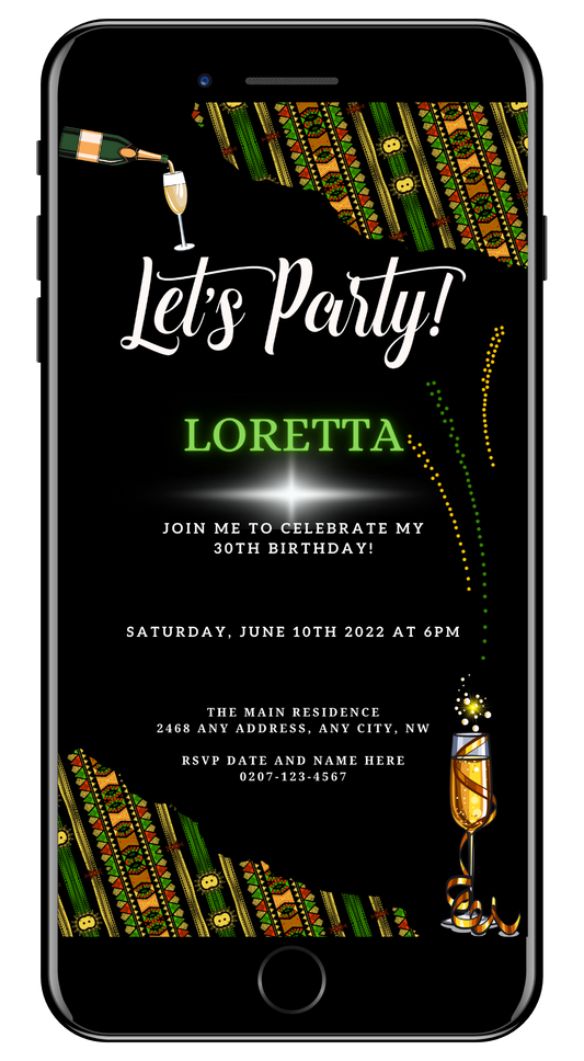 Green Black African Ankara | Let's Party Evite displayed on a smartphone screen, showcasing a customizable digital invitation template for parties, editable via Canva.