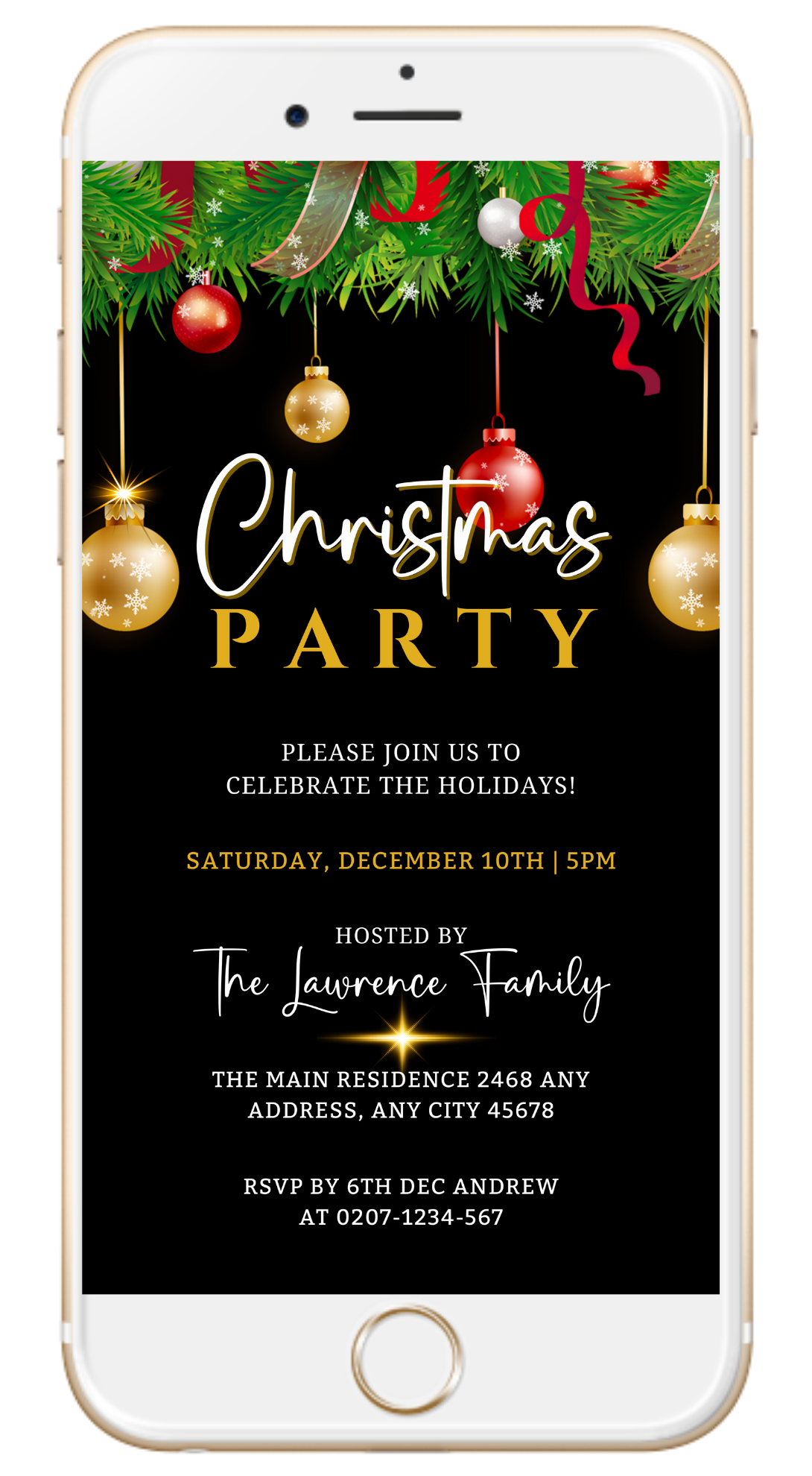 Red Gold Green Leaves Christmas Party Invitation template
