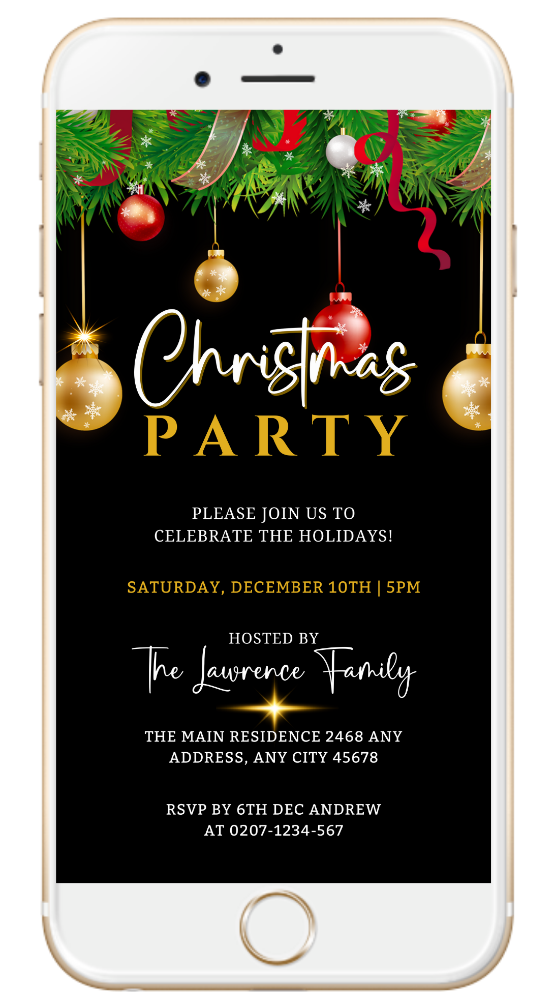 Phone screen displaying customizable Red Gold Green Leaves Christmas Party Invitation with editable text and festive ornaments.