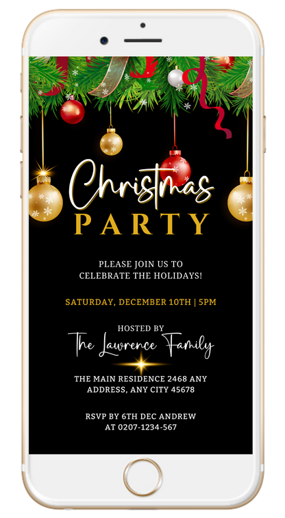 Phone screen displaying customizable Red Gold Green Leaves Christmas Party Invitation with editable text and festive ornaments.
