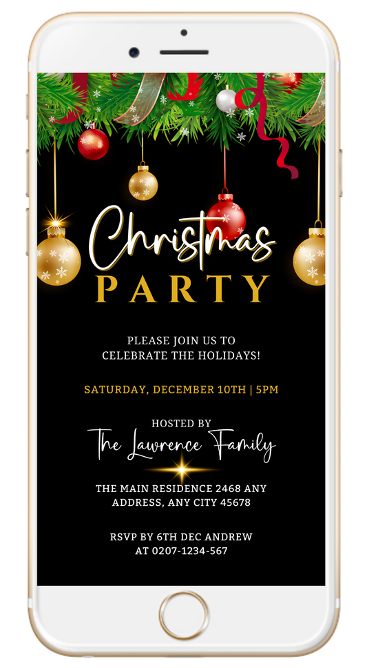 Phone screen displaying customizable Red Gold Green Leaves Christmas Party Invitation with editable text and festive ornaments.