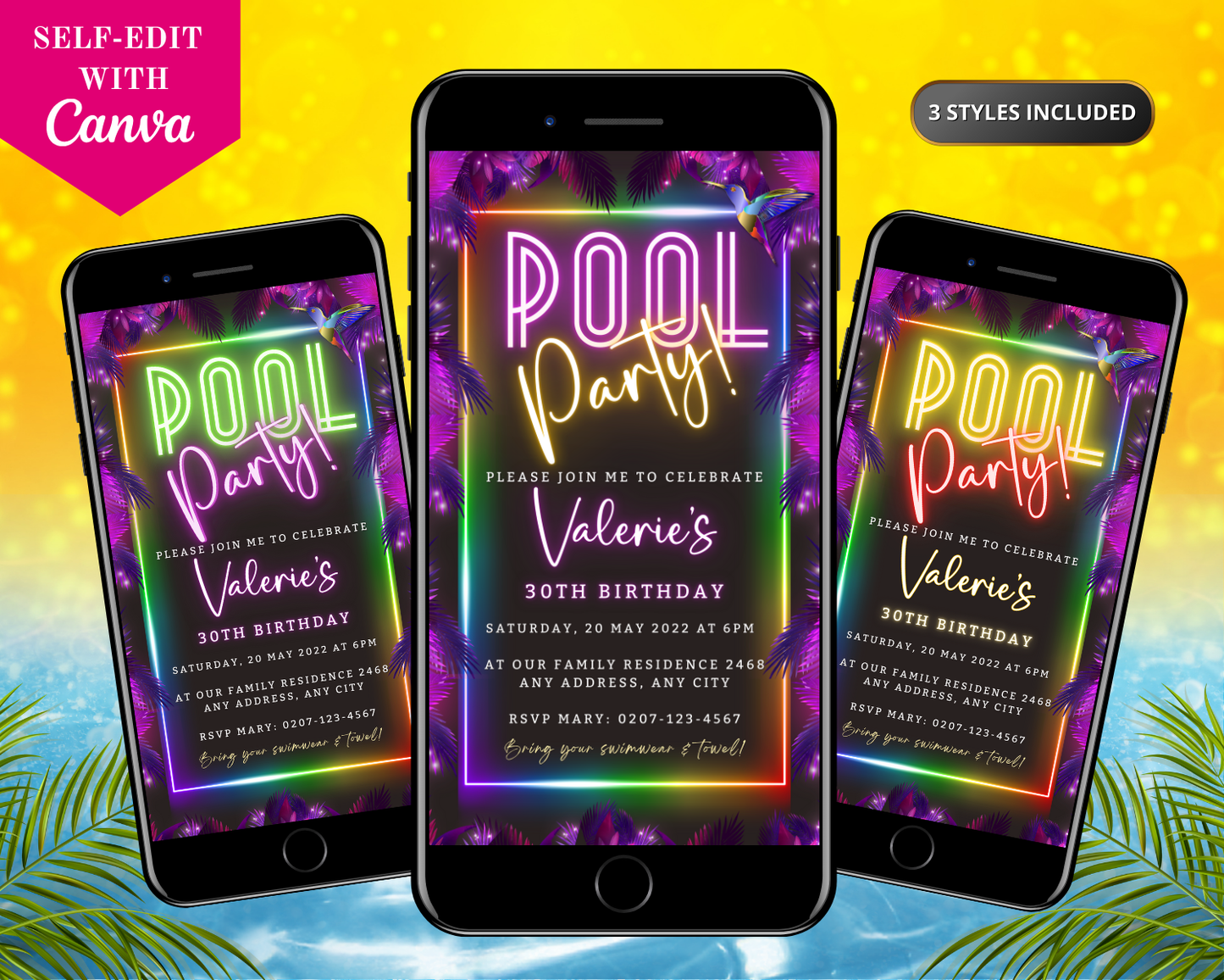 Tropical Neon Pool Party | Digital Invite featuring customizable neon elements displayed on various smartphones, ideal for easy online personalization and electronic sharing.