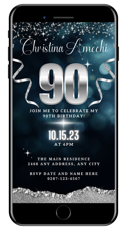 Customizable Digital Navy Blue Silver Glitter 90th Birthday Evite displayed on a smartphone screen, showcasing editable text and graphics for personalizing event details using the Canva app.