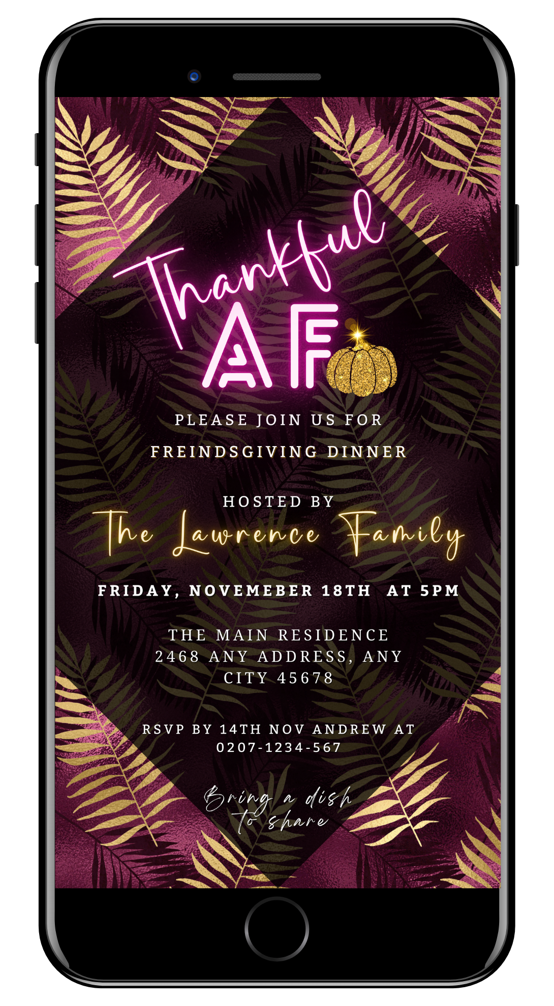Thankful AF Purple Gold leaves Thanksgiving Dinner Evite, editable digital and printable invitation template for smartphones, featuring a purple and gold leafy background with customizable text.