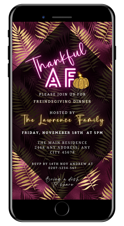 Thankful AF Purple Gold leaves Thanksgiving Dinner Evite, editable digital and printable invitation template for smartphones, featuring a purple and gold leafy background with customizable text.