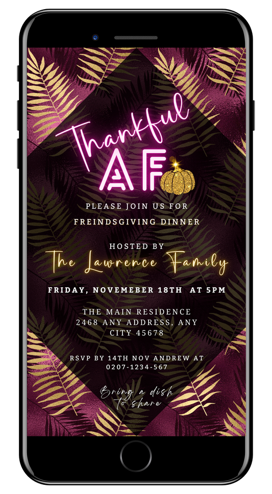 Thankful AF Purple Gold leaves Thanksgiving Dinner Evite, editable digital and printable invitation template for smartphones, featuring a purple and gold leafy background with customizable text.