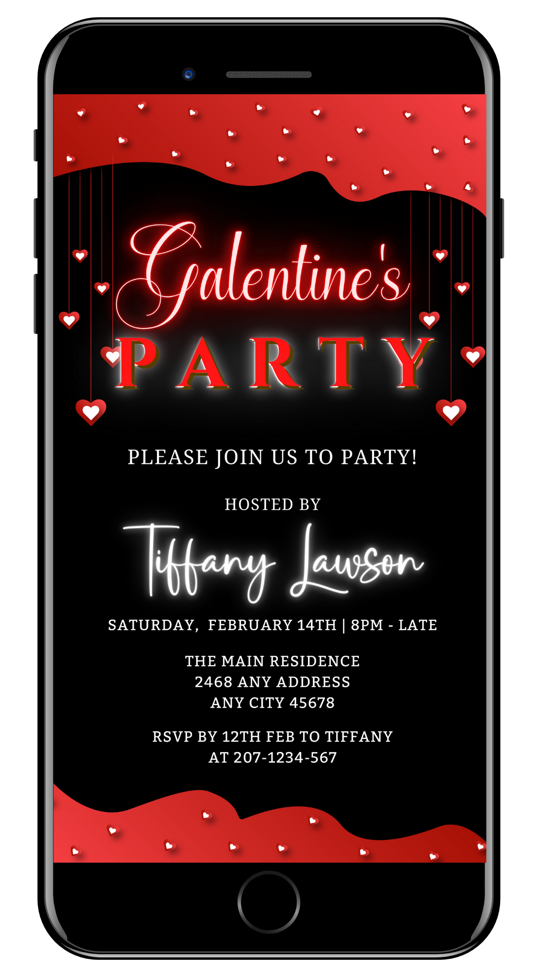 Editable Diamond Red Hearts Border Galentines Party Evite with black and white text, red lights, hearts, customizable via Canva for smartphones.
