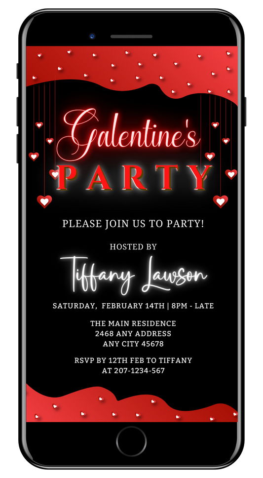 Editable Diamond Red Hearts Border Galentines Party Evite with black and white text, red lights, hearts, customizable via Canva for smartphones.