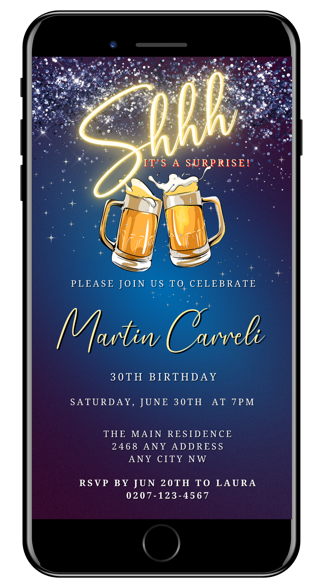 Customizable Men's Blue Gold Neon Surprise Party Evite showing two beer mugs clinking on a smartphone screen, editable via Canva for instant download and electronic sharing.