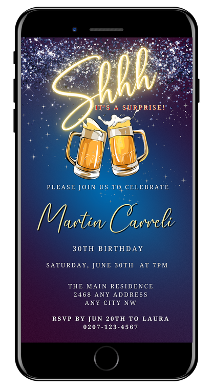 Customizable Men's Blue Gold Neon Surprise Party Evite showing two beer mugs clinking on a smartphone screen, editable via Canva for instant download and electronic sharing.
