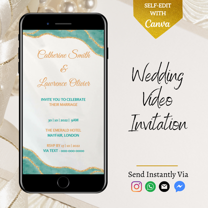 Teal Blue Agate Wedding Video Invitation displayed on a smartphone screen, customizable via Canva, ideal for digital sharing through text or email.